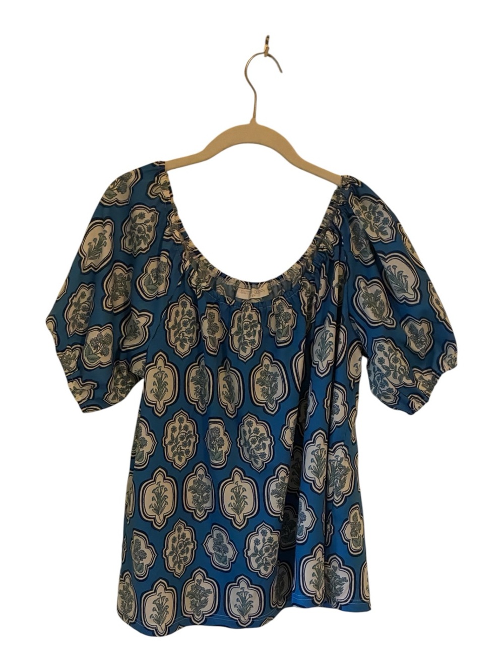 Monsoon Whitney Boho Printed Top Blue Geometric Blouse Sz L LENZING ECOVERO - Picture 2 of 5